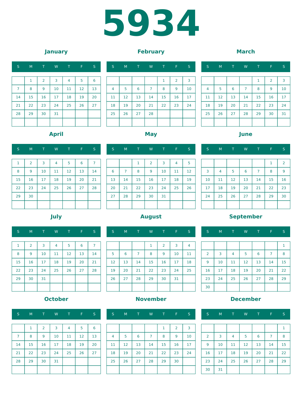 Printable 5934 Year Calendars pastel