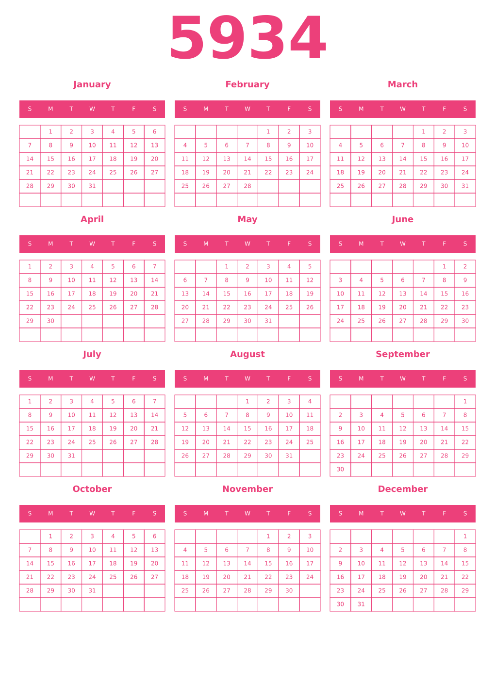 Printable 5934 Year Calendars pink