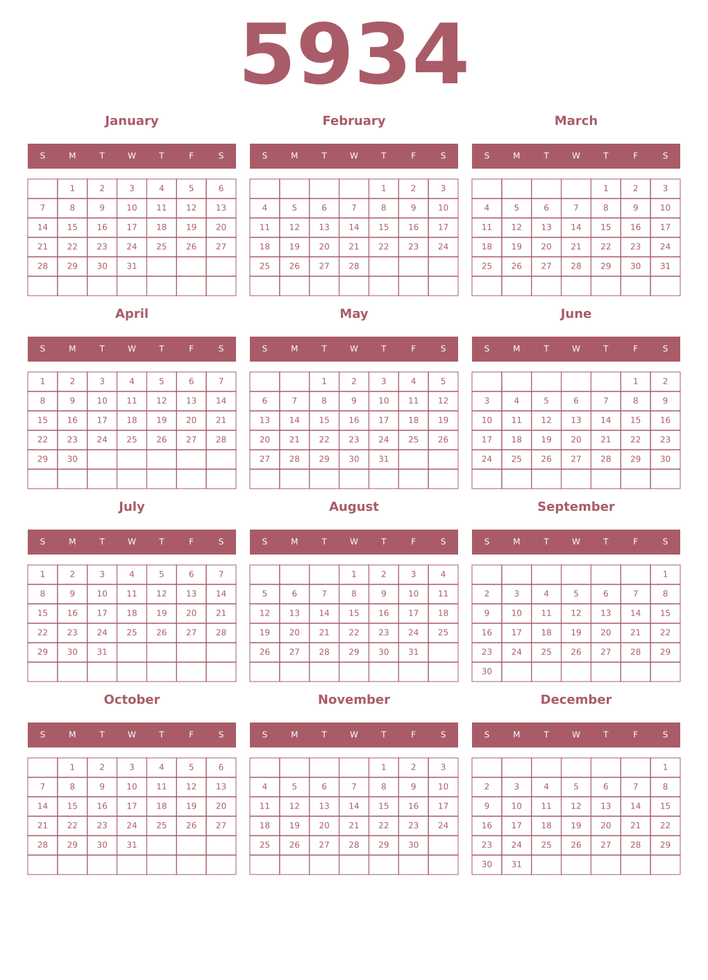 Printable 5934 Year Calendars puce