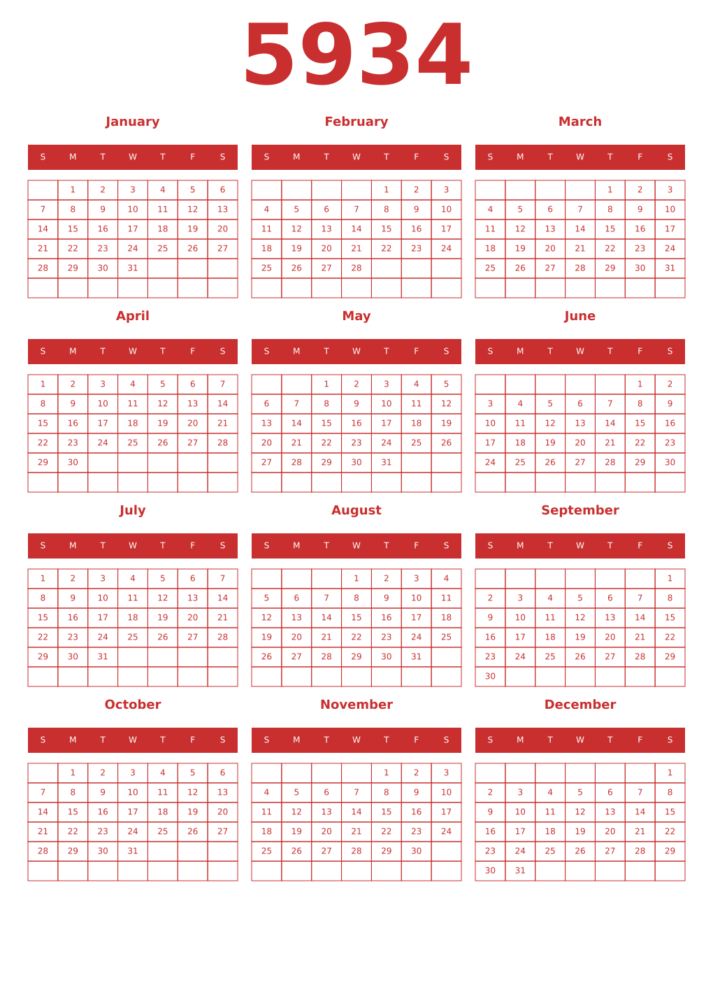Printable 5934 Year Calendars red