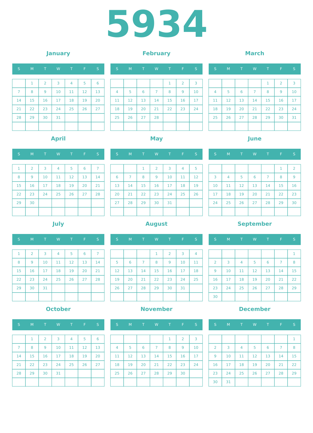 Printable 5934 Year Calendars verdigris