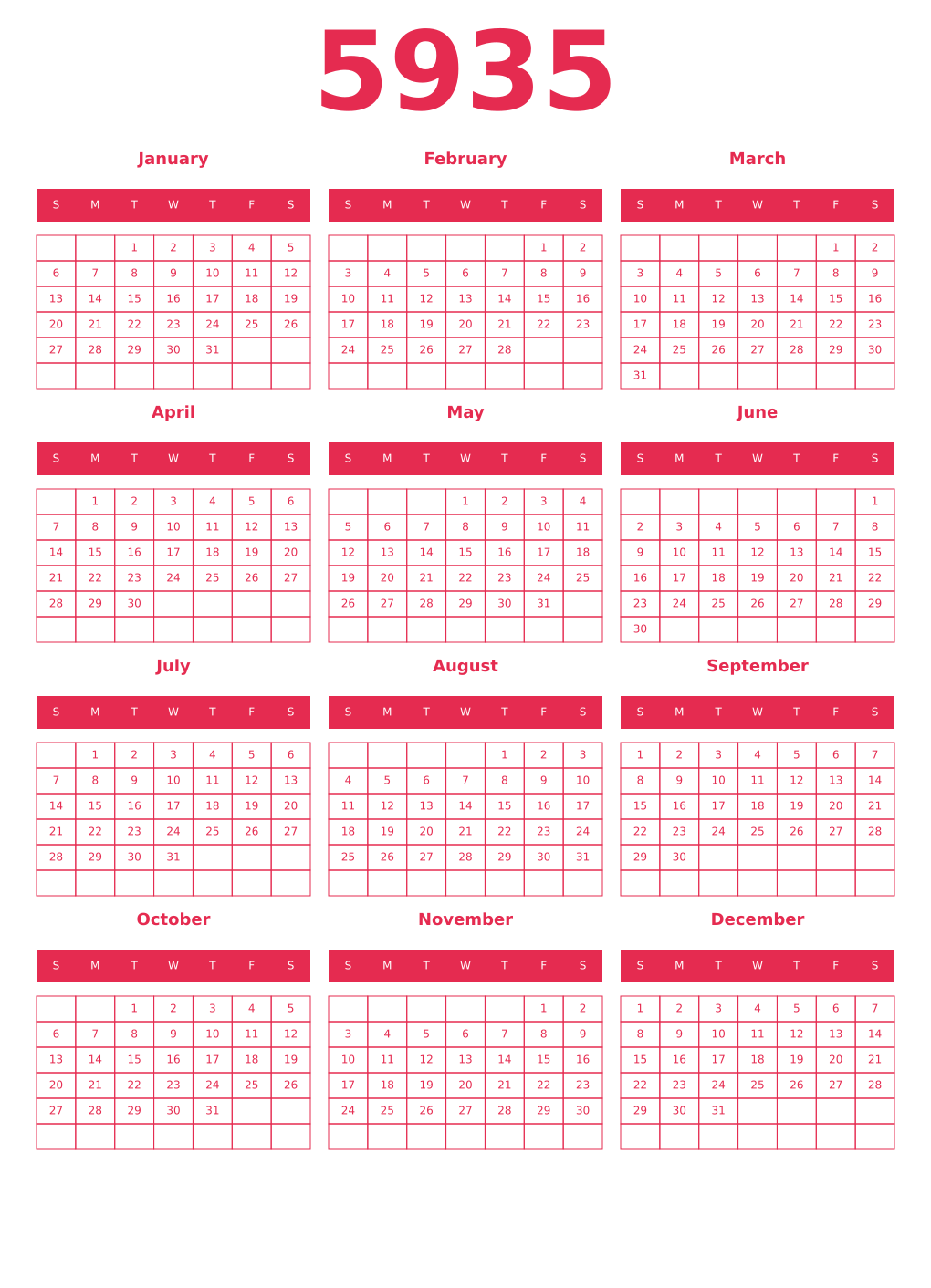 Printable 5935 Year Calendars amaranth