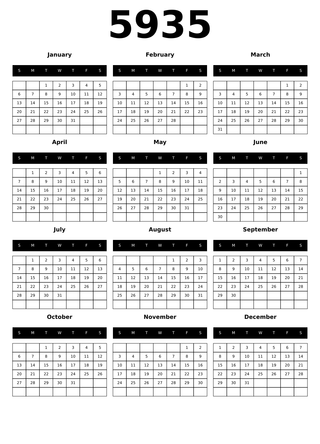 Printable 5935 Year Calendars black