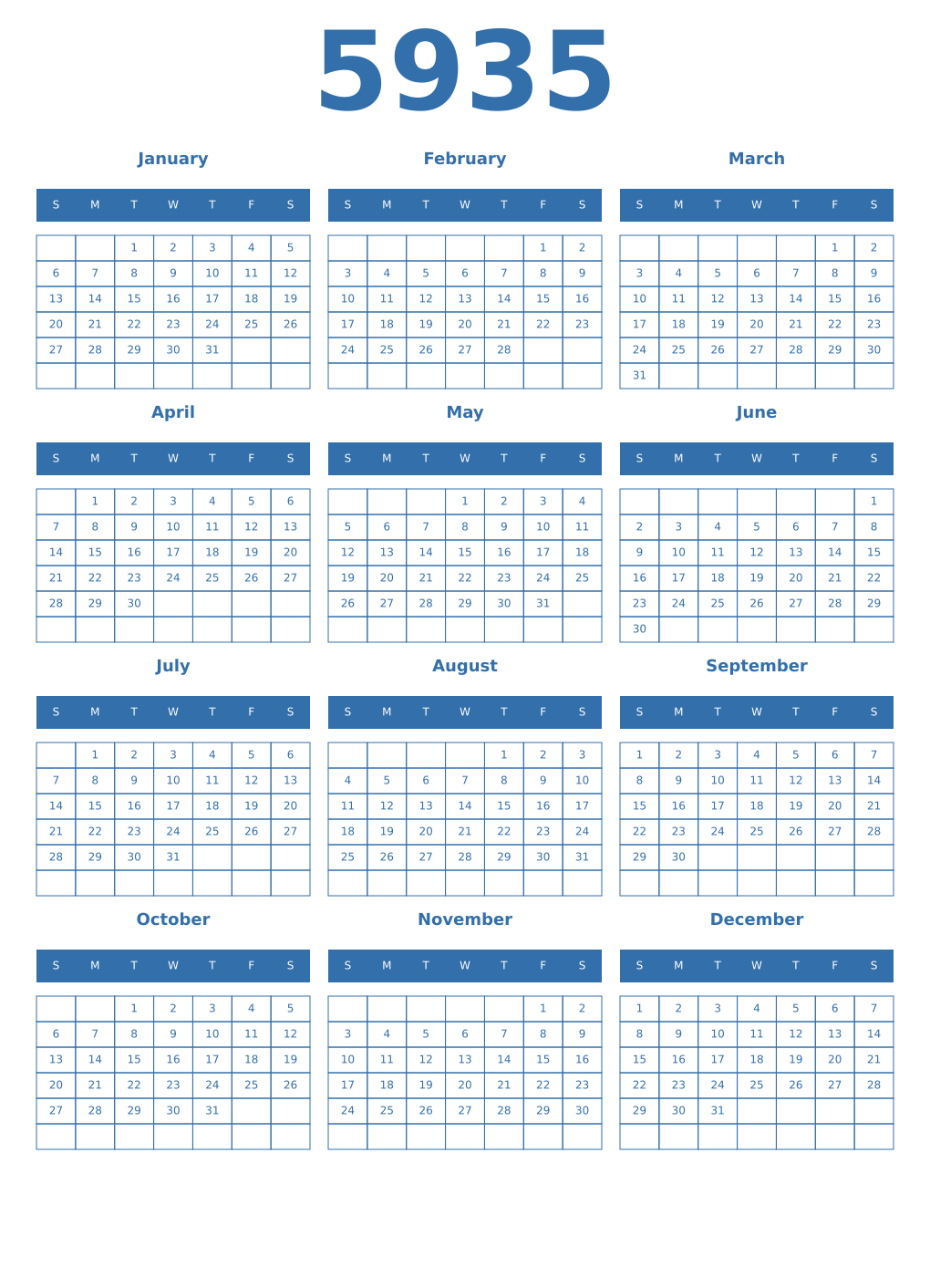 Printable 5935 Year Calendars blue