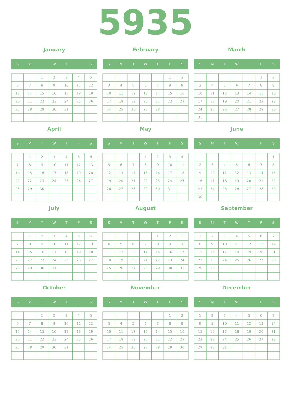 Printable 5935 Year Calendars celadon
