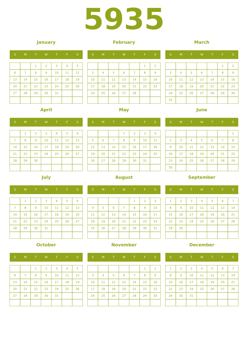 Printable 5935 Year Calendars chartreuse