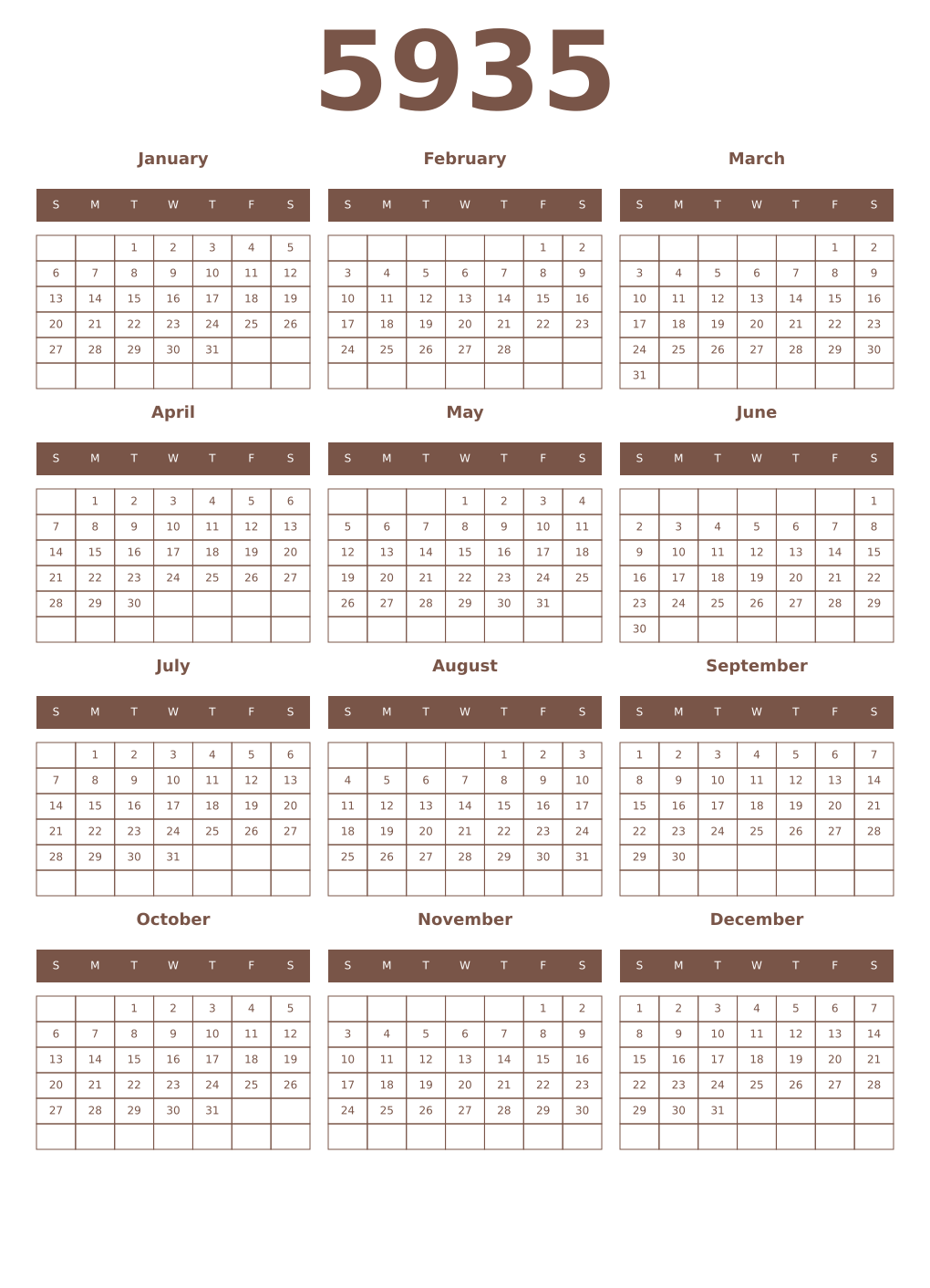 Printable 5935 Year Calendars coffe