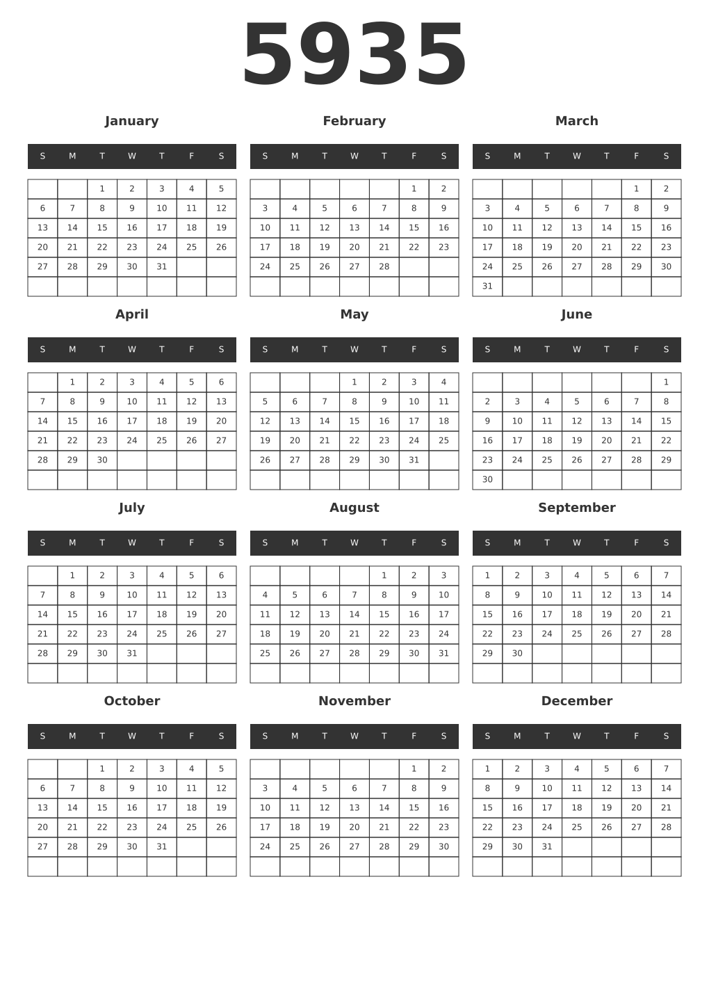 Printable 5935 Year Calendars dark