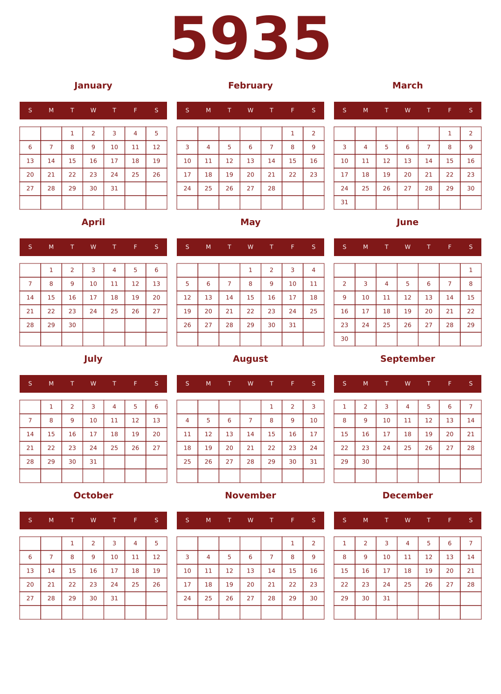 Printable 5935 Year Calendars falu