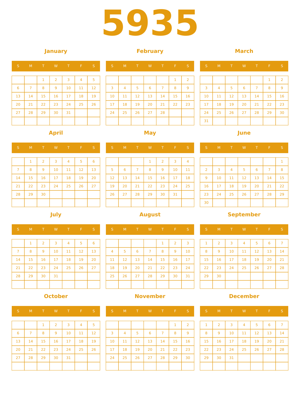 Printable 5935 Year Calendars gamboge