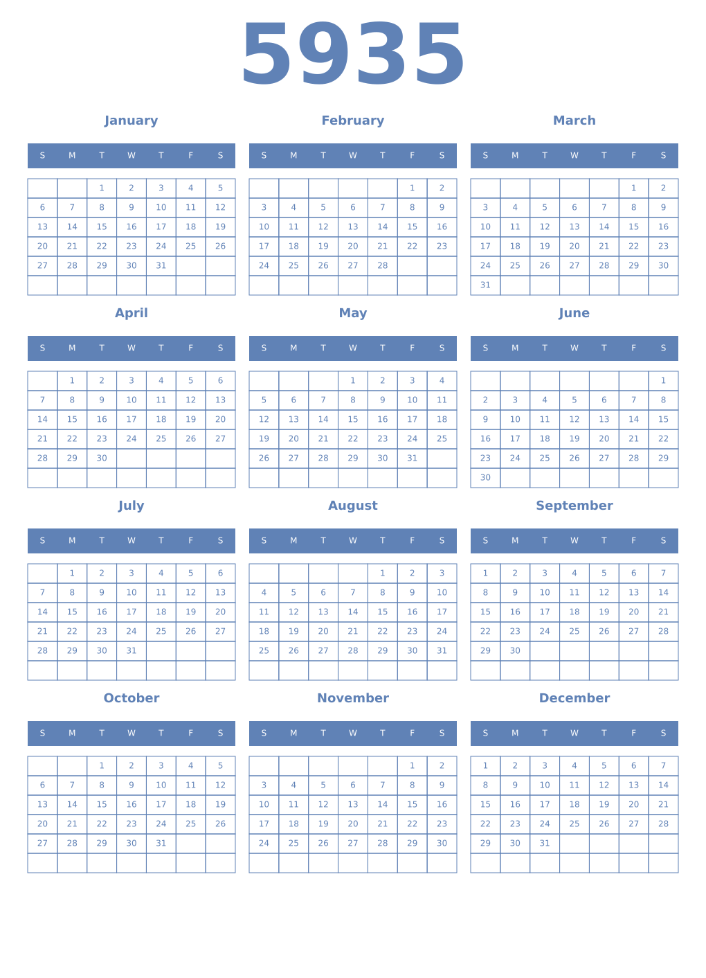 Printable 5935 Year Calendars glaucous