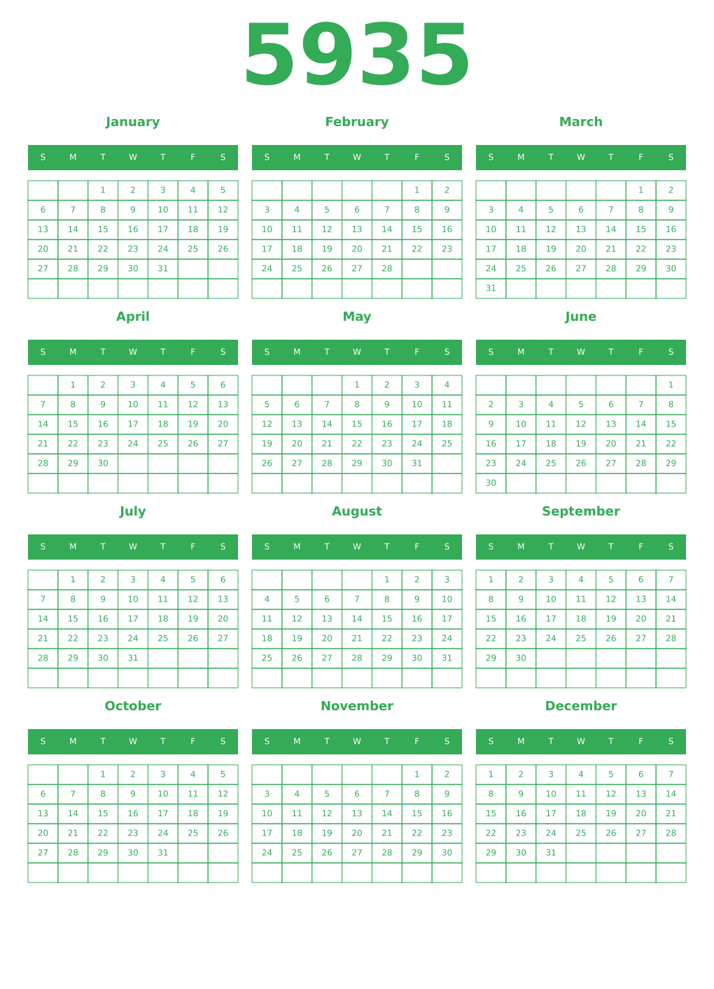 Printable 5935 Year Calendars green