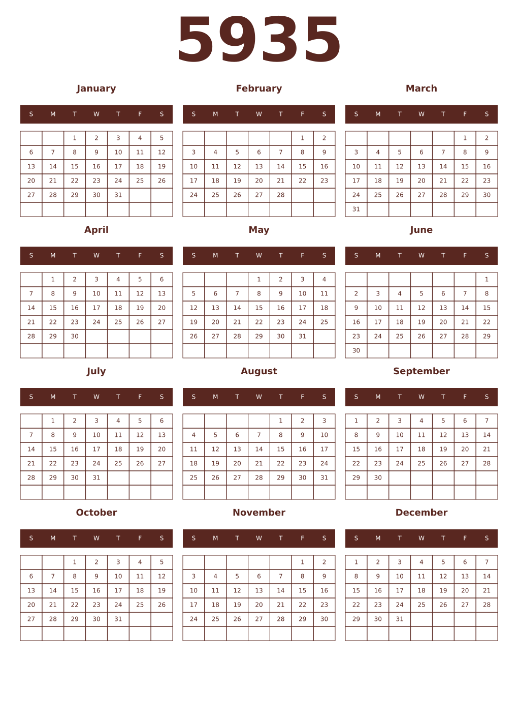 Printable 5935 Year Calendars mortuum