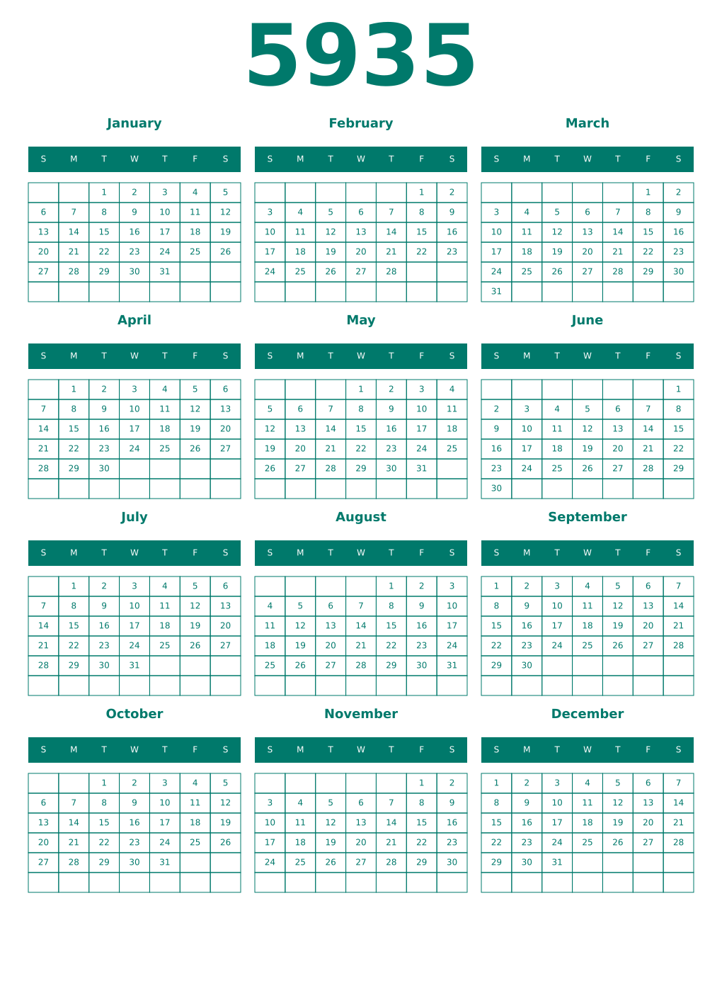Printable 5935 Year Calendars pastel