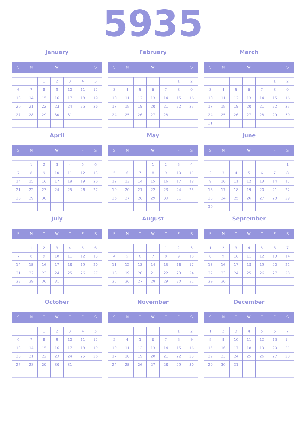 Printable 5935 Year Calendars periwinkle