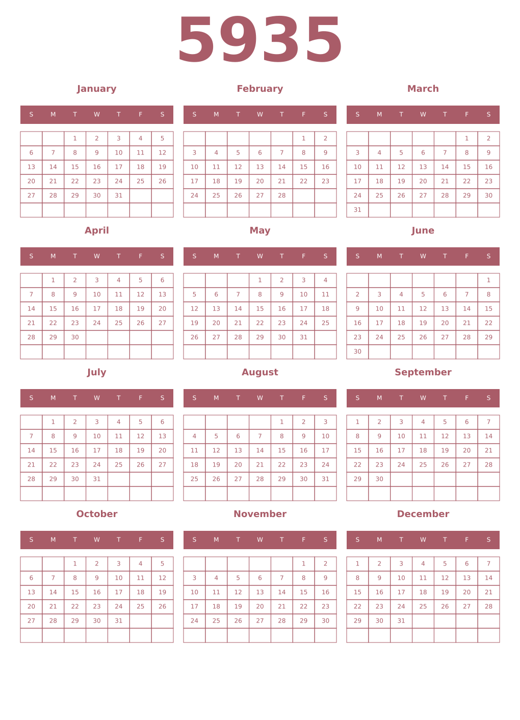 Printable 5935 Year Calendars puce