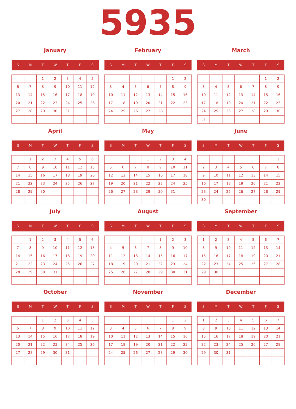 Printable 5935 Year Calendars red