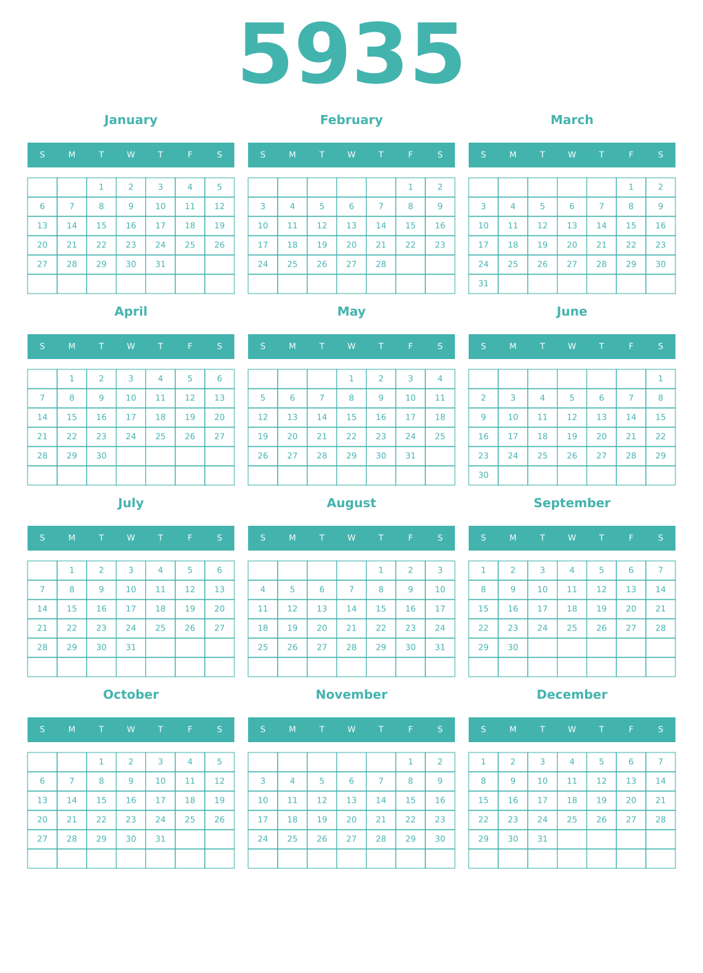 Printable 5935 Year Calendars verdigris