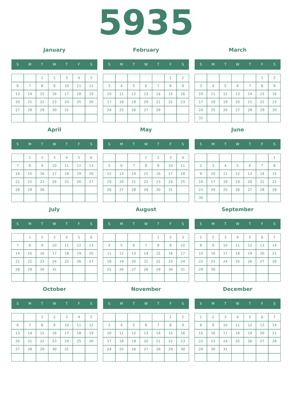 Printable 5935 Year Calendars viridian