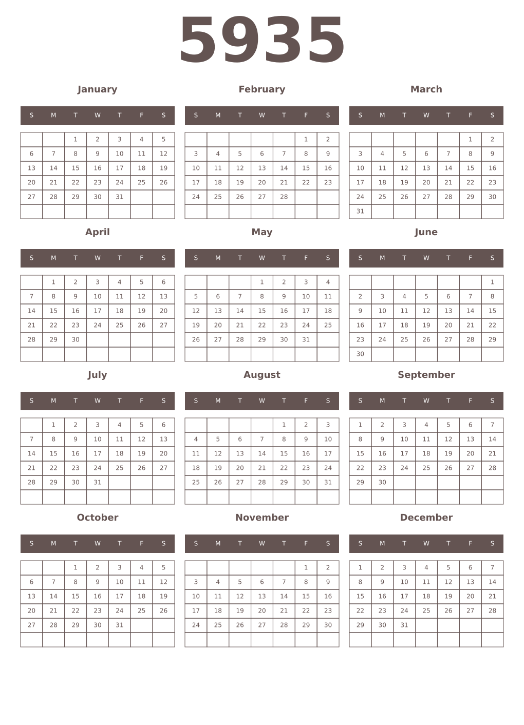 Printable 5935 Year Calendars wenge