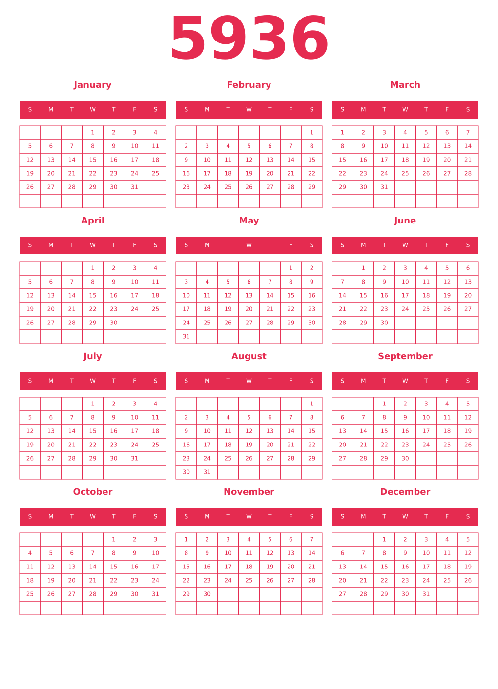 Printable 5936 Year Calendars amaranth