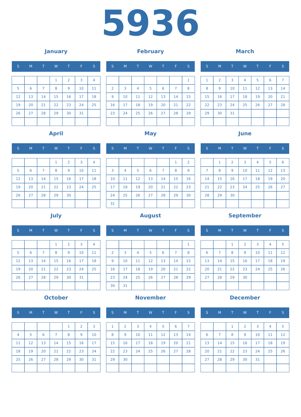Printable 5936 Year Calendars blue