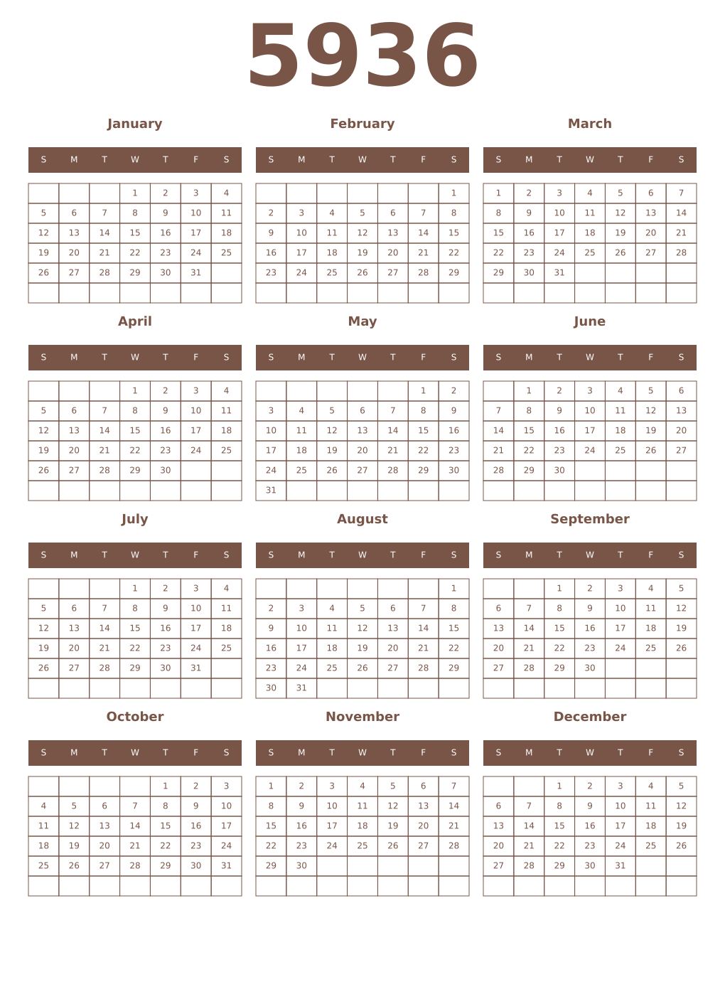 Printable 5936 Year Calendars coffe
