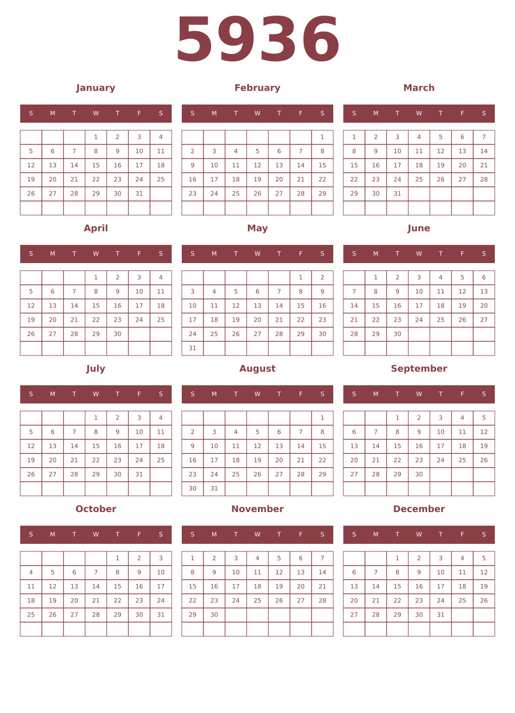 Printable 5936 Year Calendars cordovan