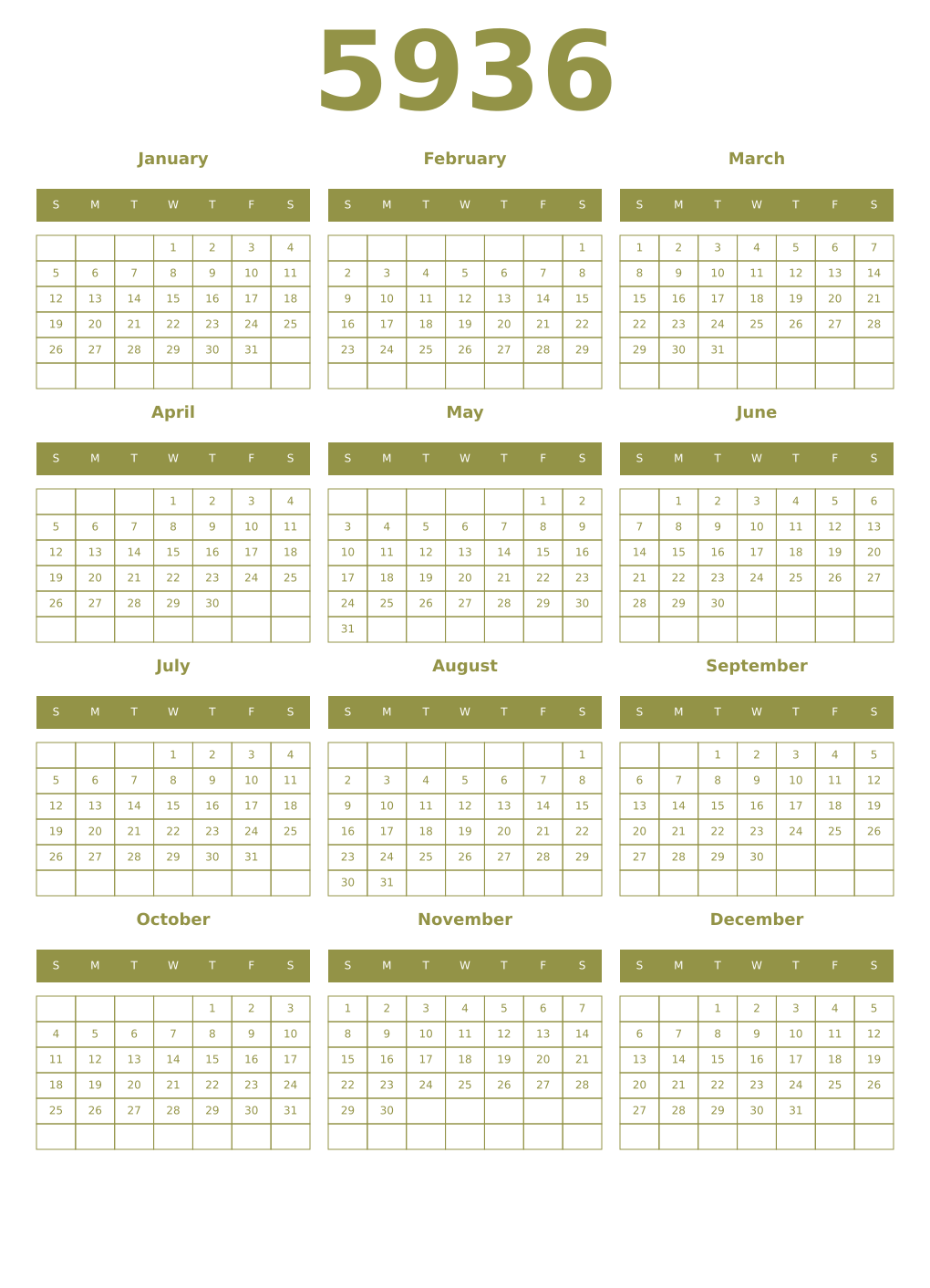 Printable 5936 Year Calendars eburnean