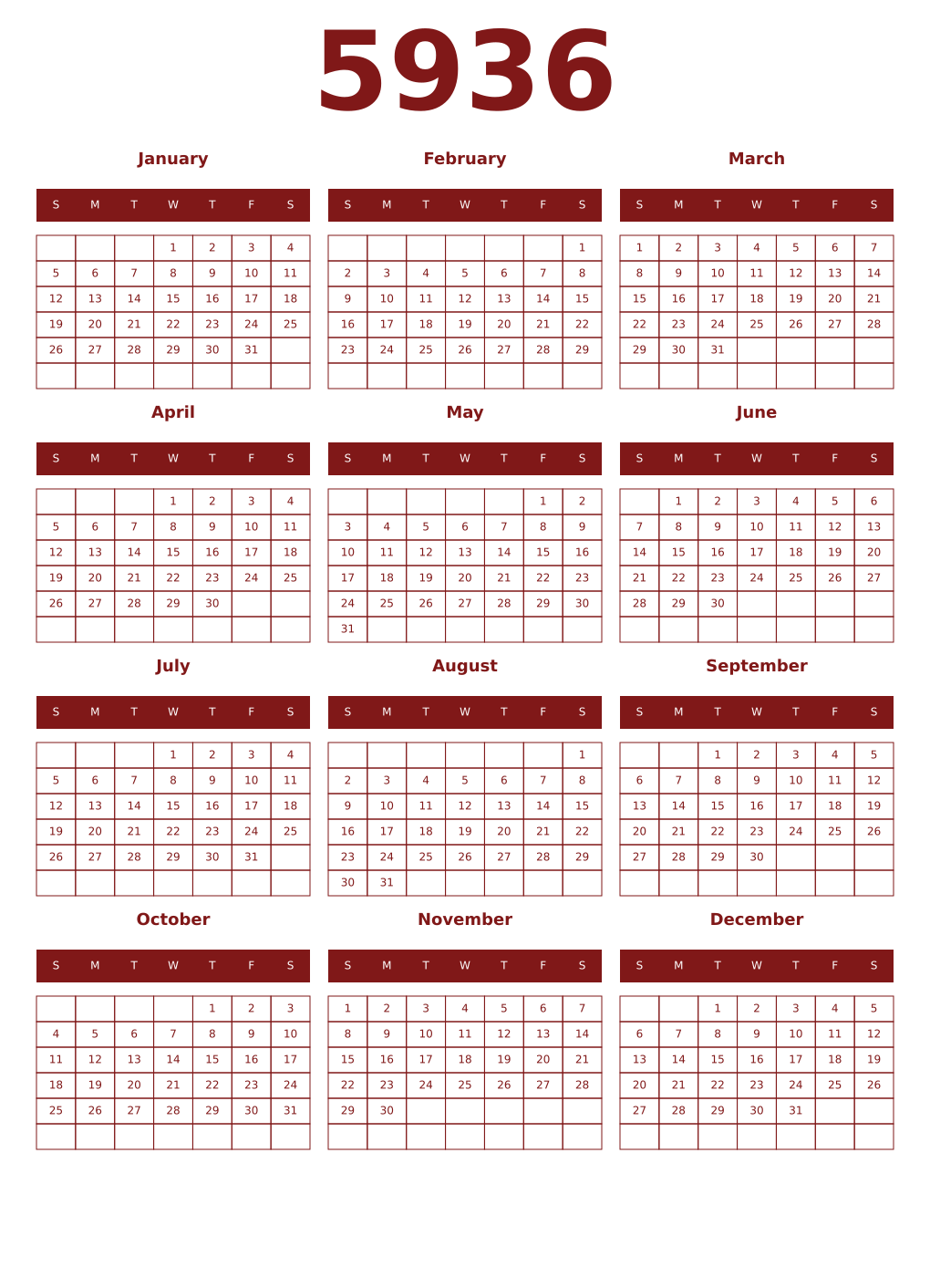 Printable 5936 Year Calendars falu