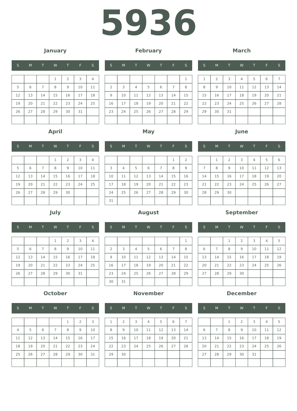 Printable 5936 Year Calendars feldgrau