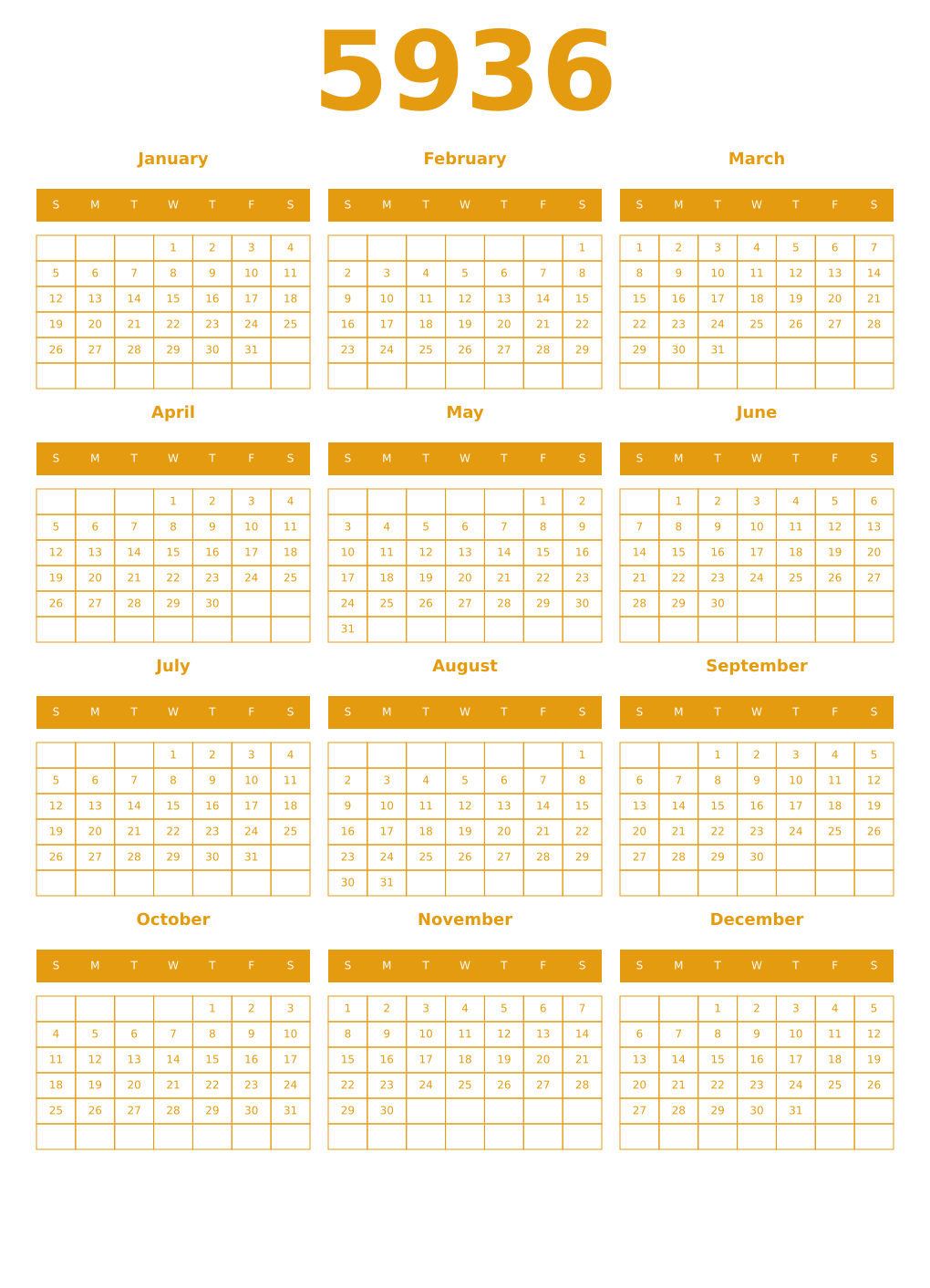Printable 5936 Year Calendars gamboge