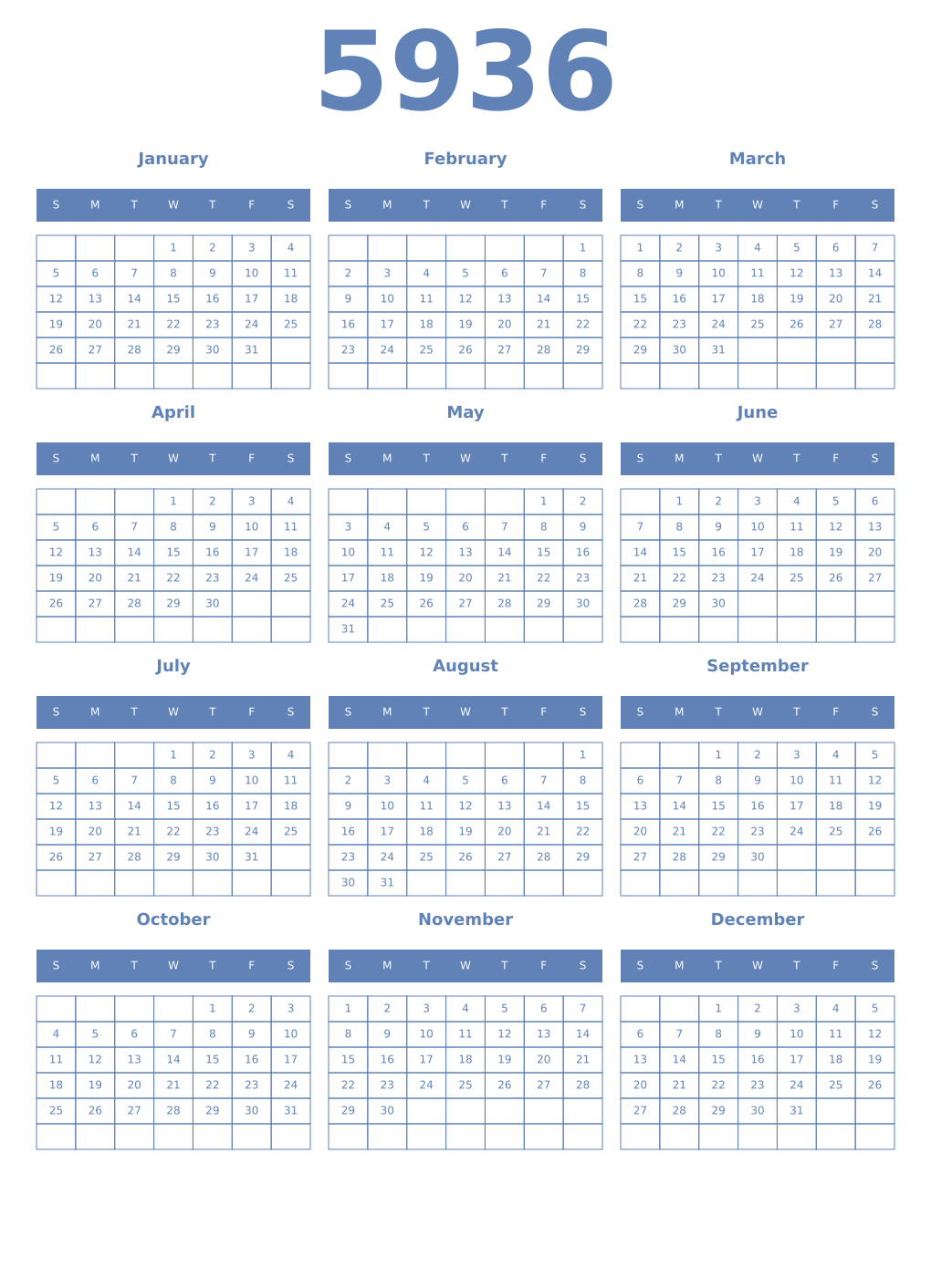 Printable 5936 Year Calendars glaucous