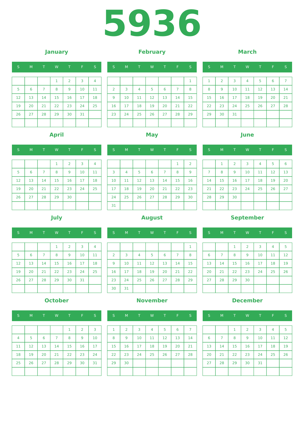 Printable 5936 Year Calendars green