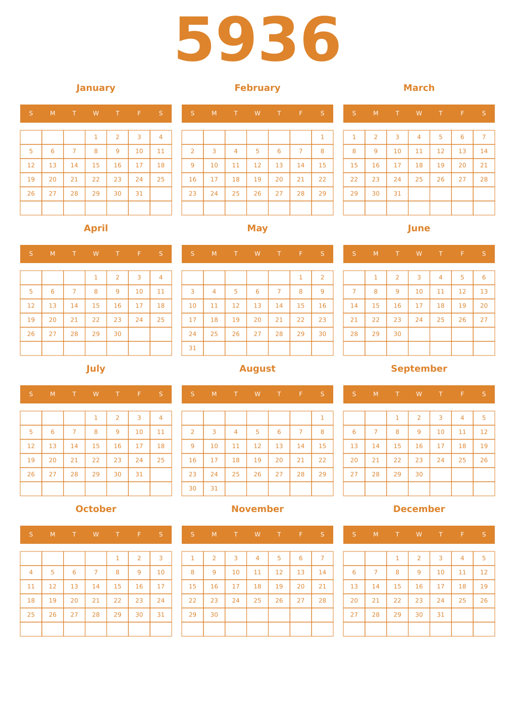 Printable 5936 Year Calendars orange
