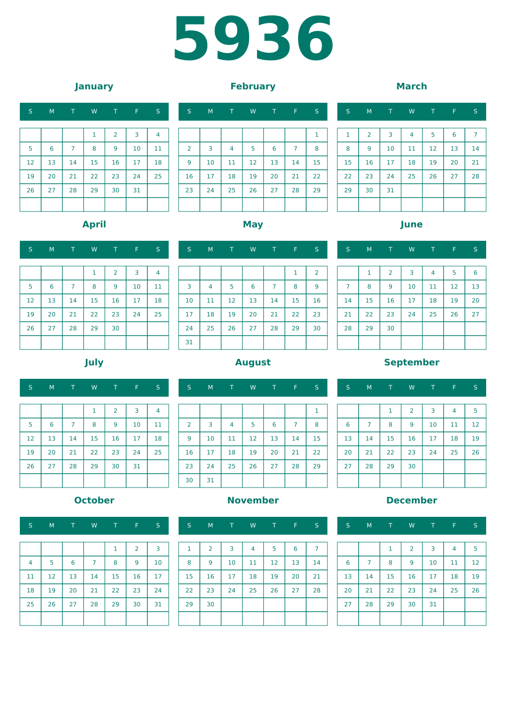 Printable 5936 Year Calendars pastel