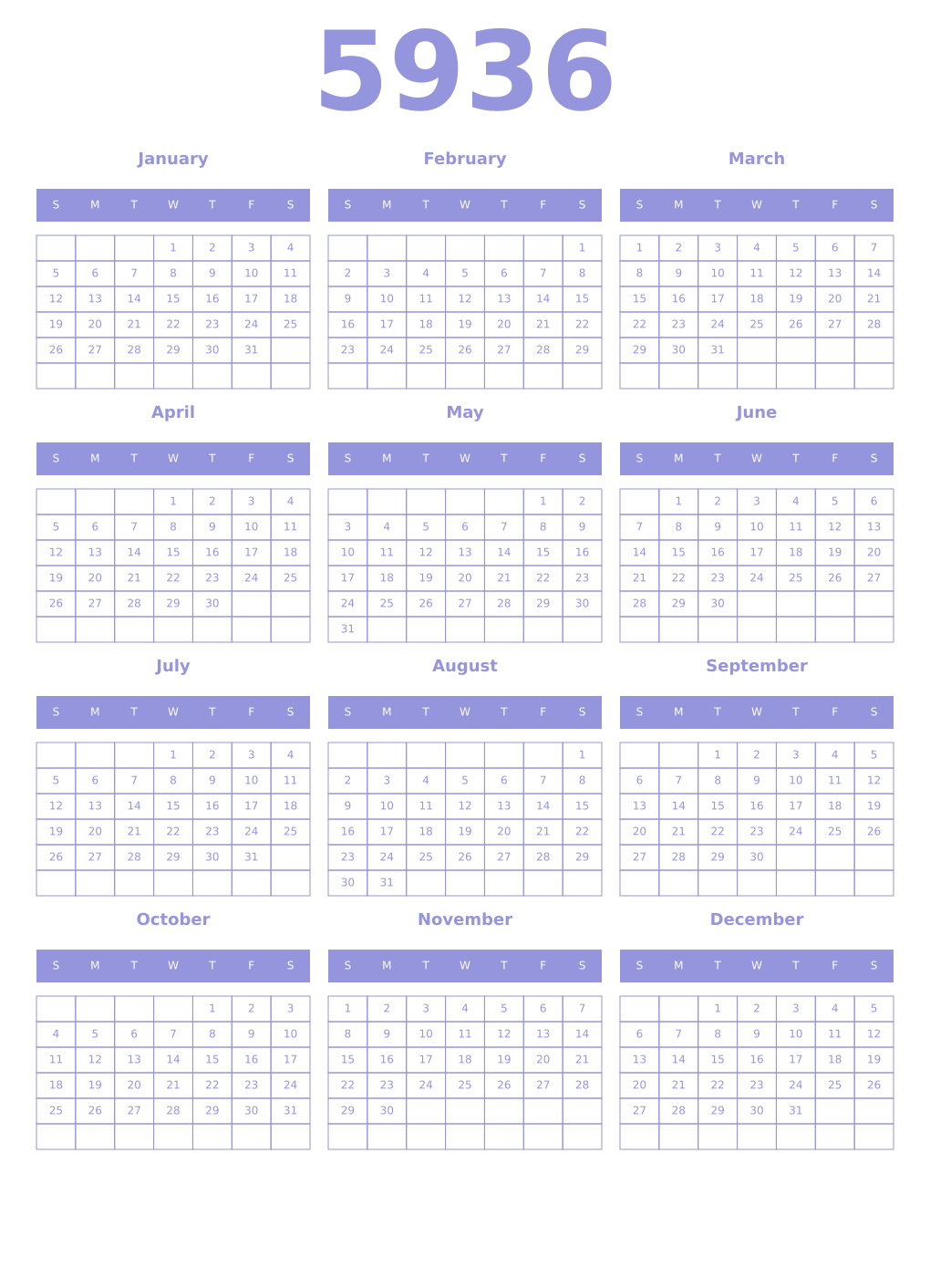 Printable 5936 Year Calendars periwinkle