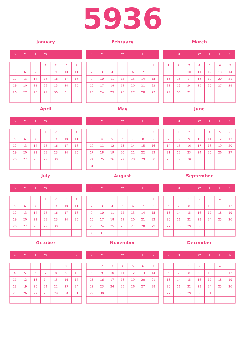 Printable 5936 Year Calendars pink