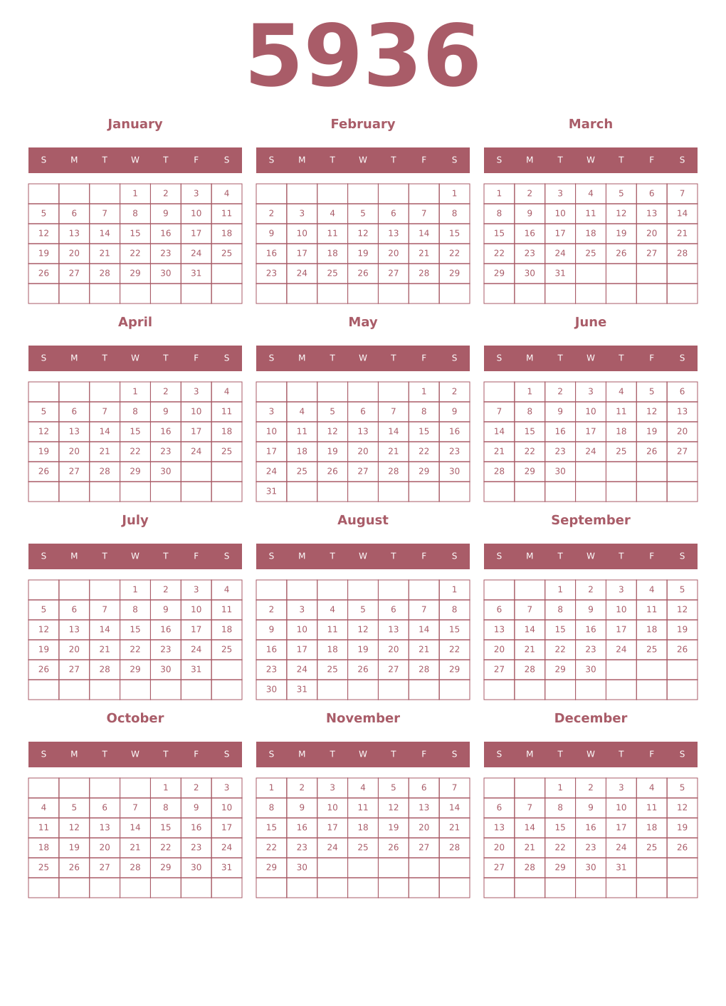 Printable 5936 Year Calendars puce