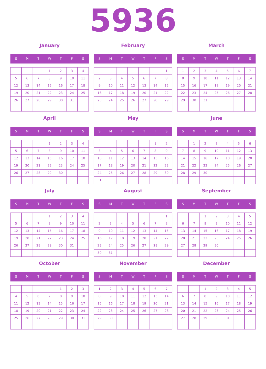 Printable 5936 Year Calendars purple