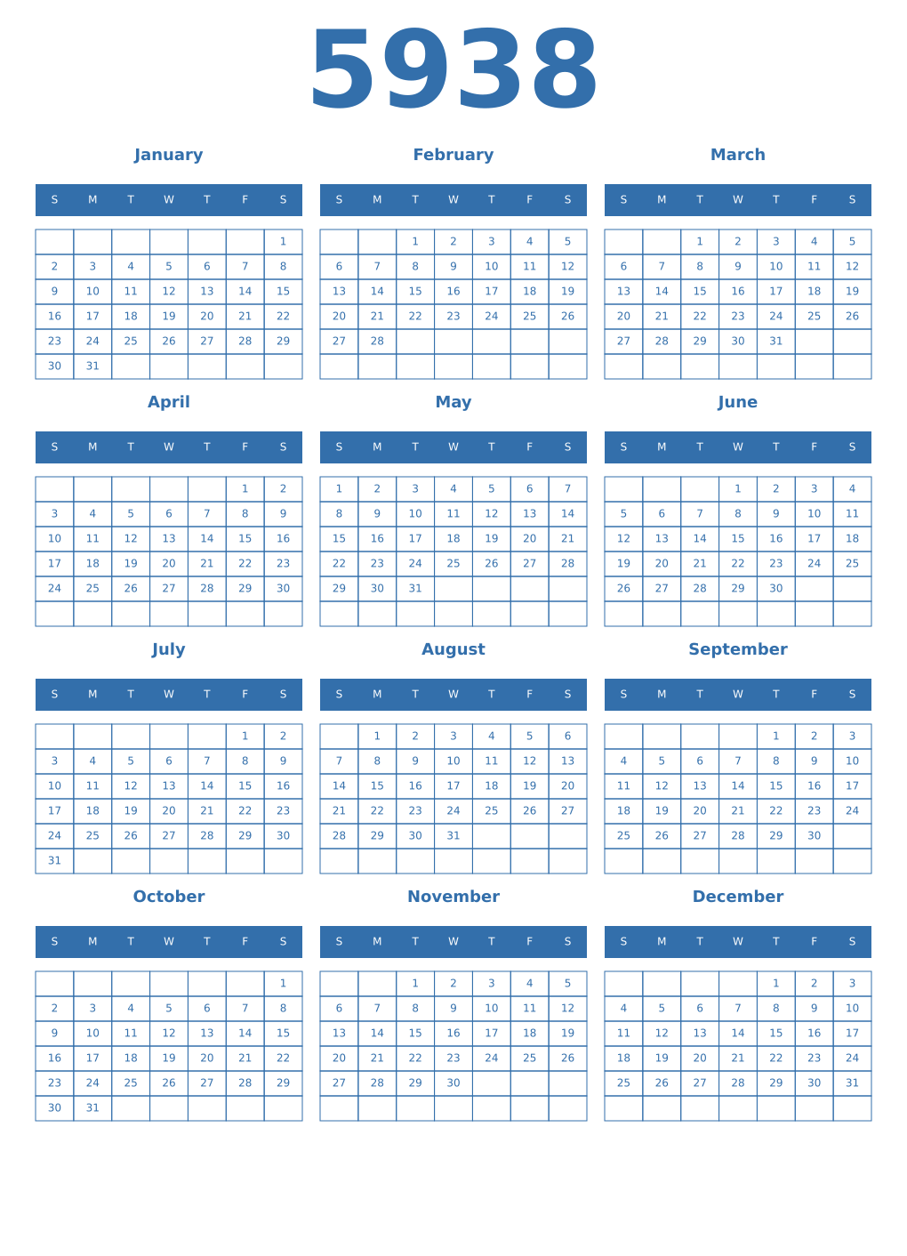 Printable 5938 Year Calendars blue