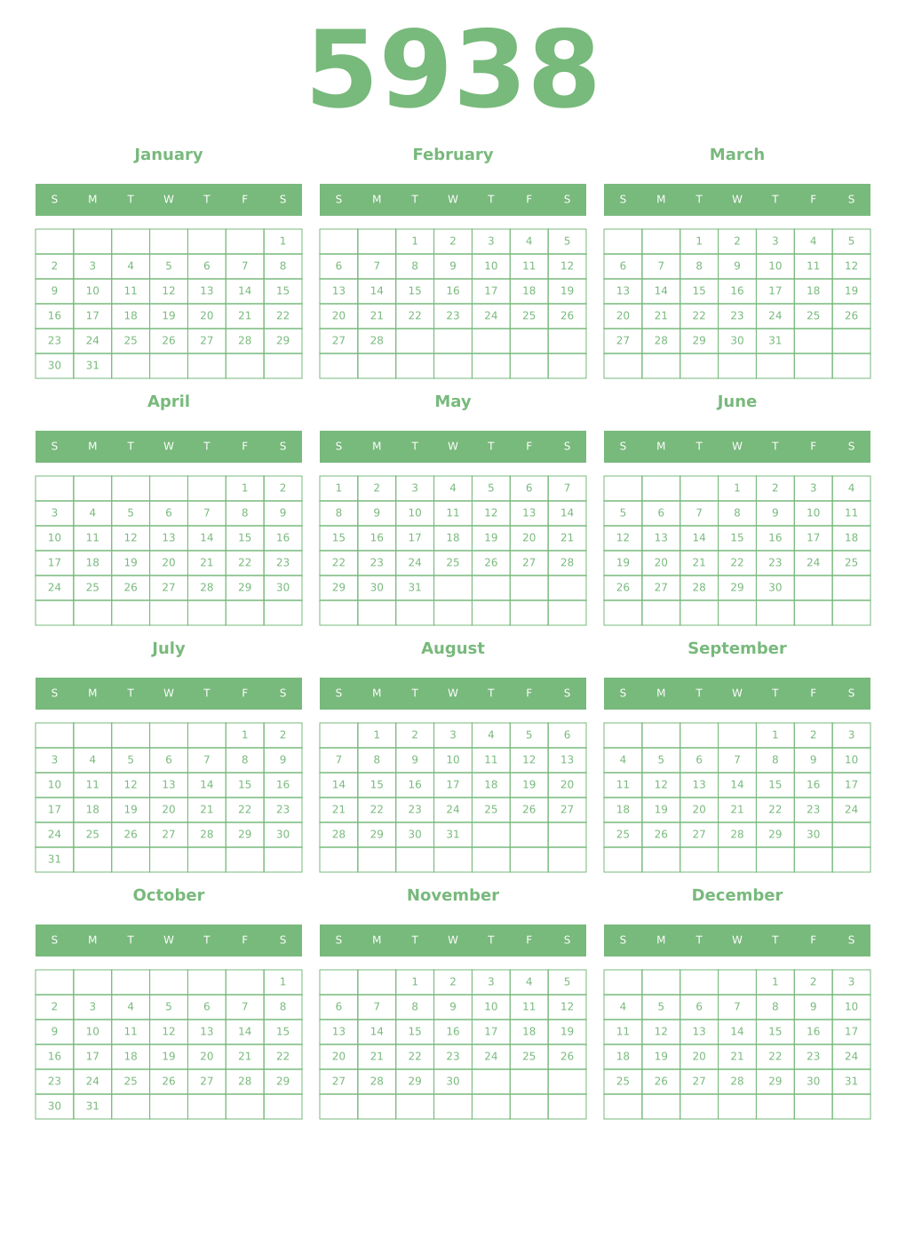Printable 5938 Year Calendars celadon
