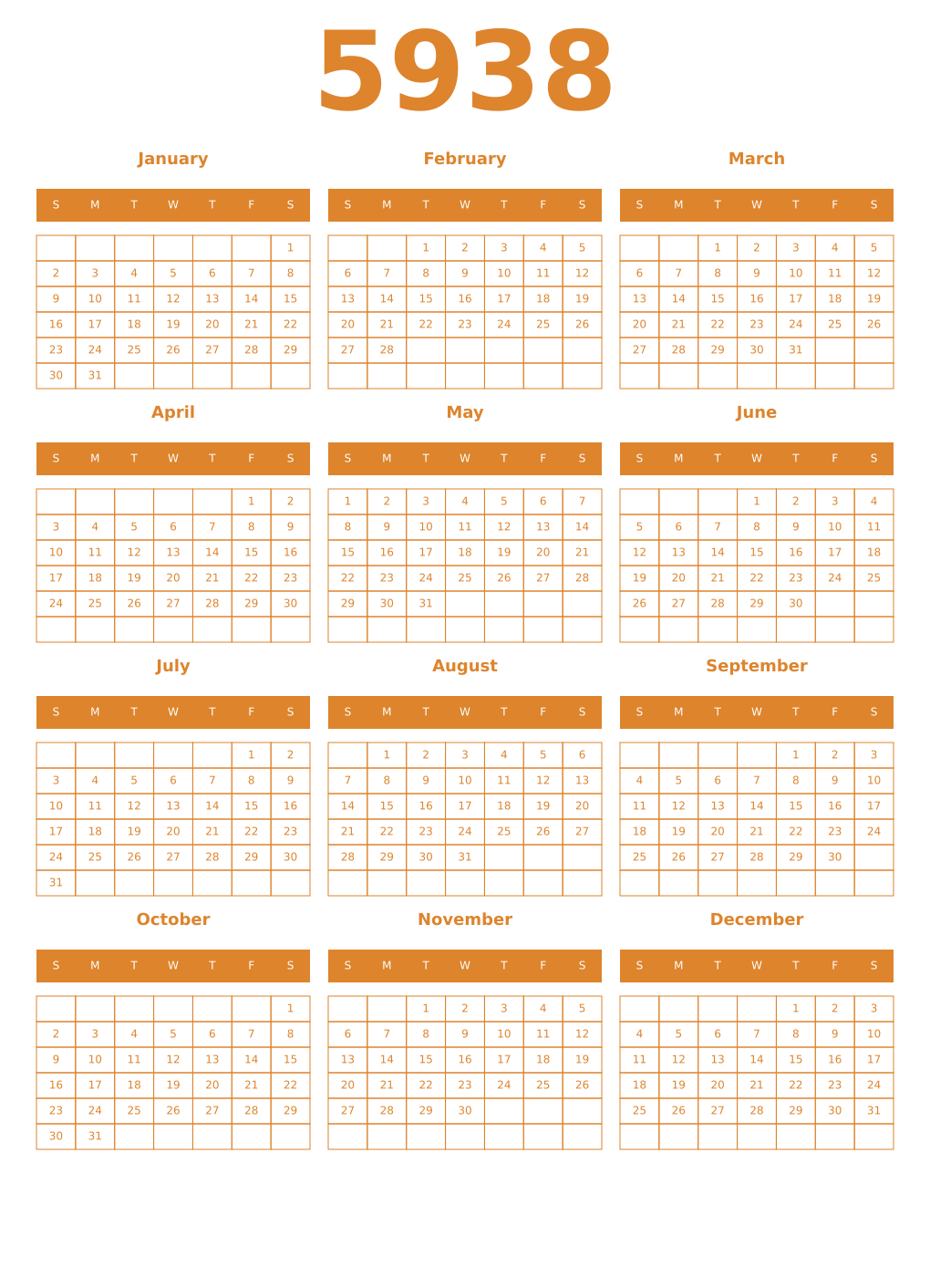 Printable 5938 Year Calendars orange