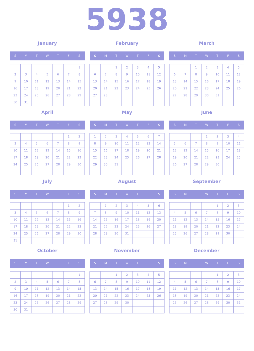 Printable 5938 Year Calendars periwinkle