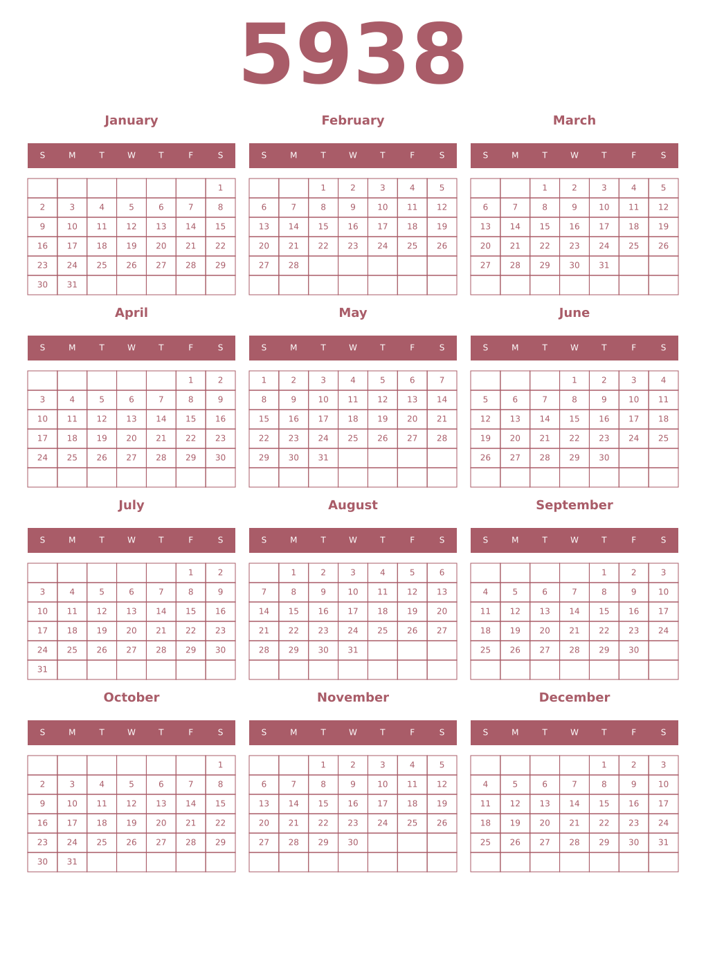 Printable 5938 Year Calendars puce