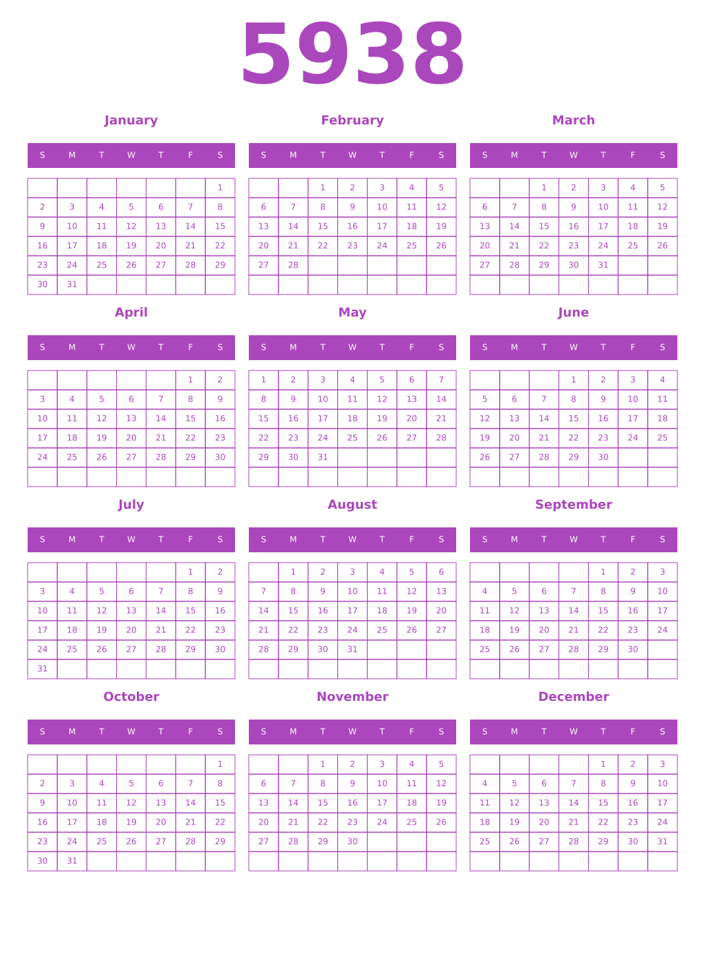 Printable 5938 Year Calendars purple