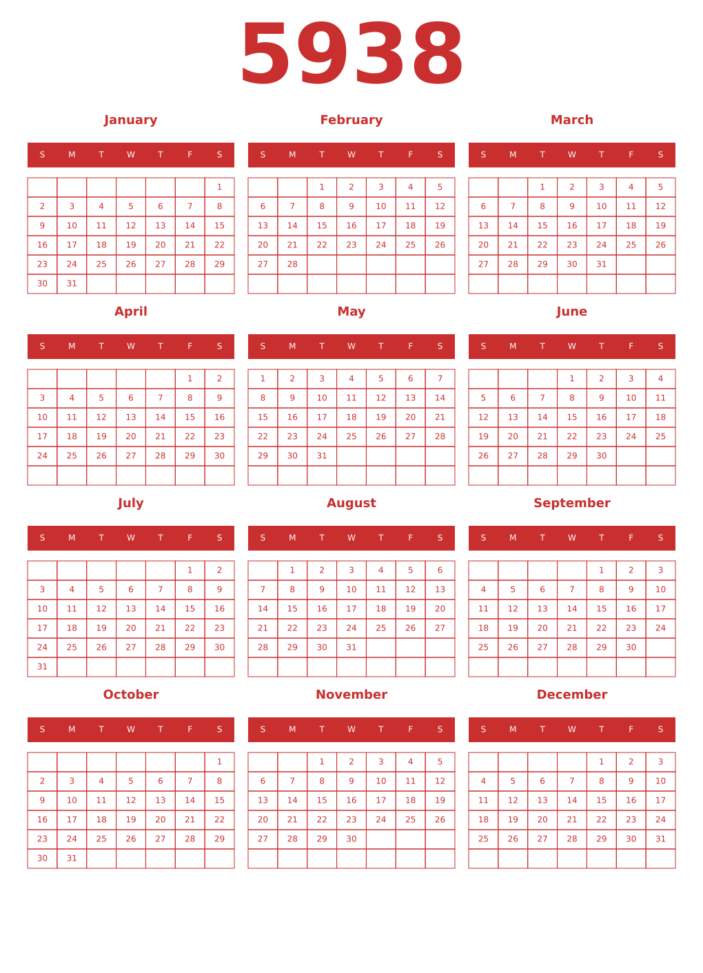 Printable 5938 Year Calendars red