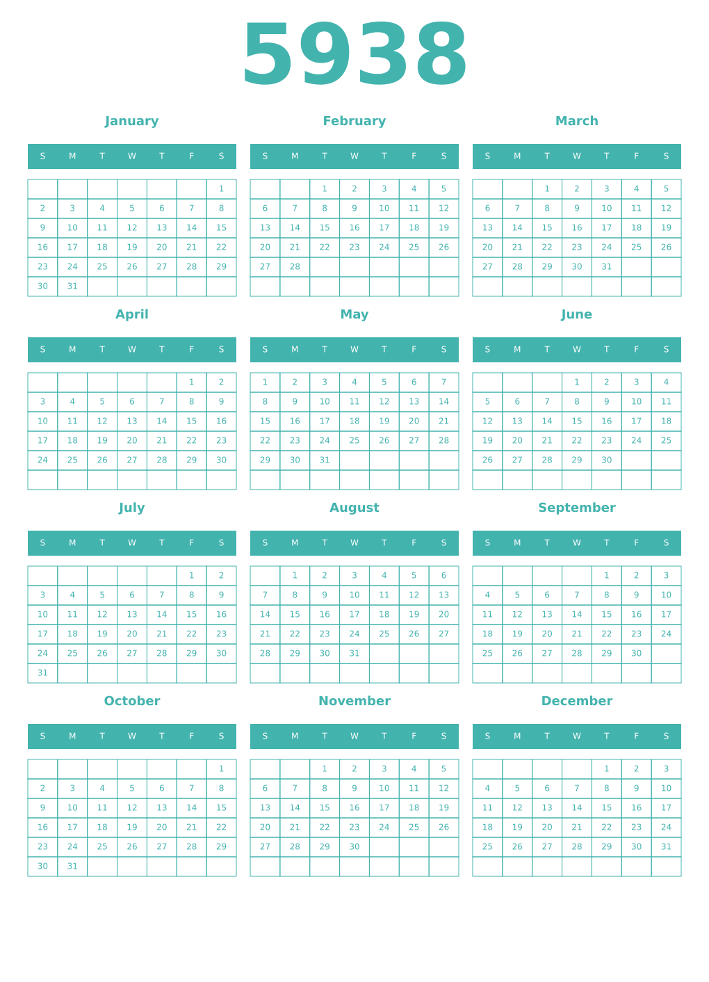 Printable 5938 Year Calendars verdigris