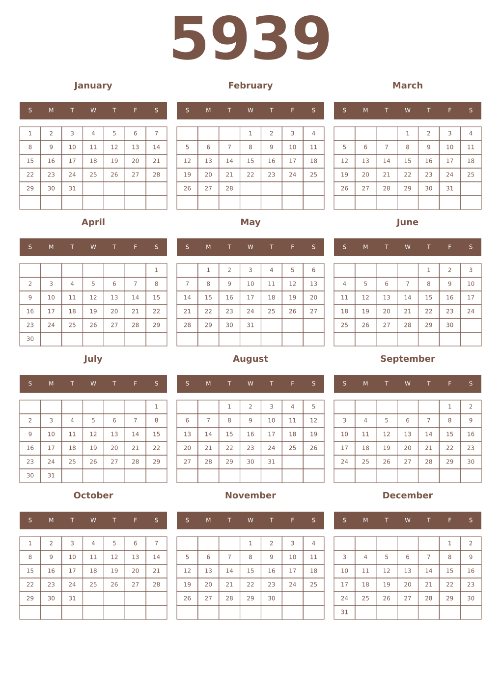 Printable 5939 Year Calendars coffe