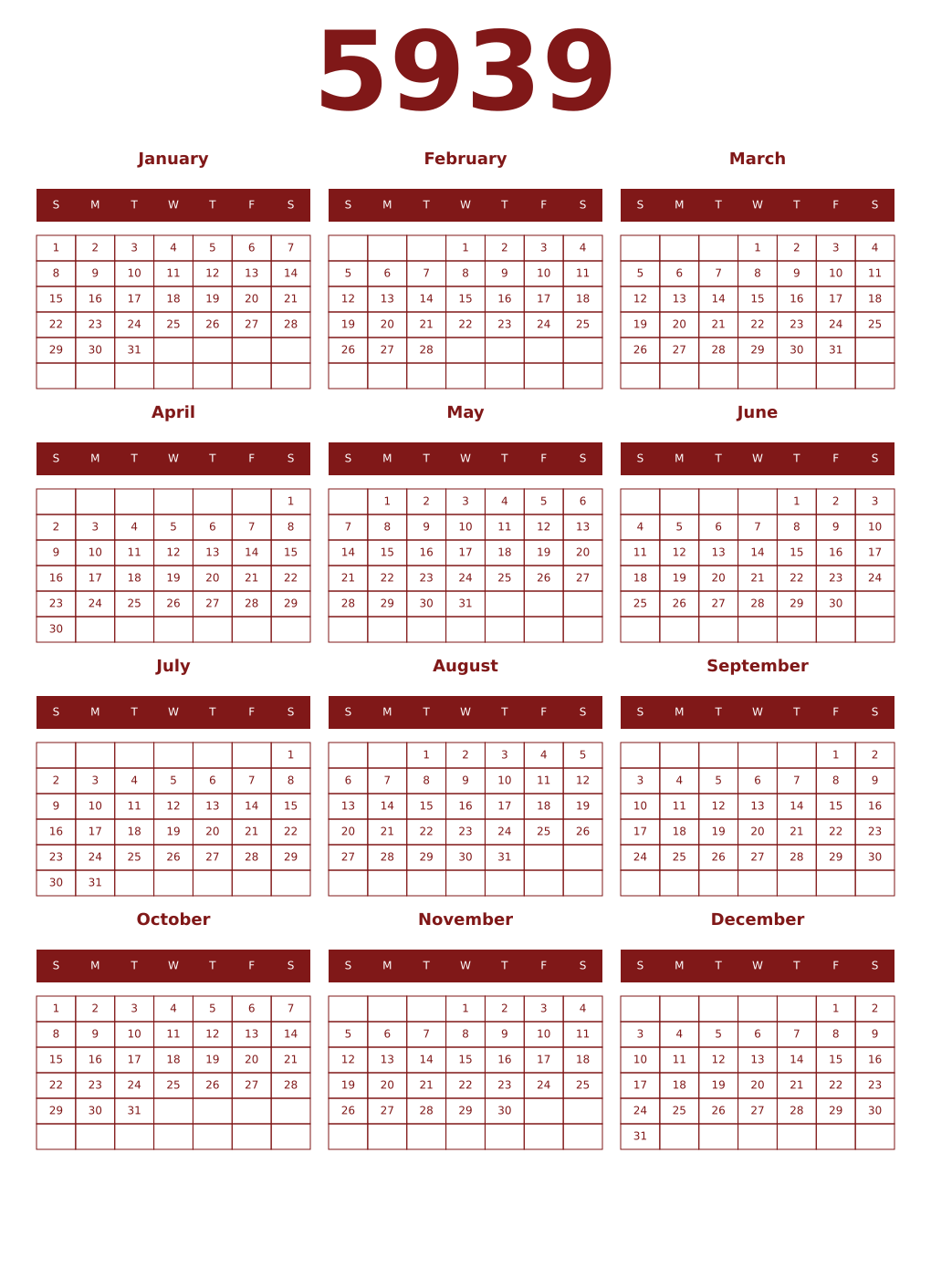 Printable 5939 Year Calendars falu